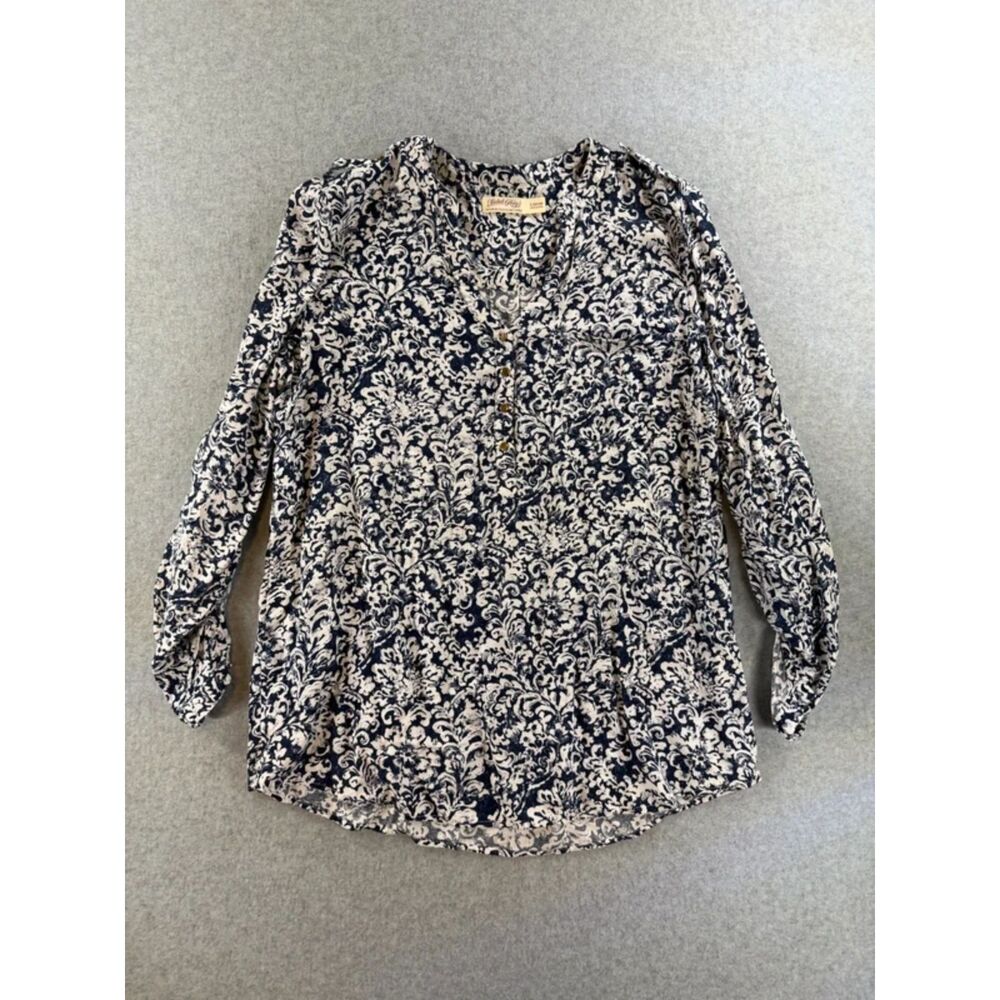 Faded Glory Women’s L Navy Ivory Damask Print Rayon Henley Blouse 3188